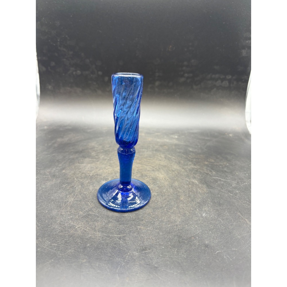 Vintage Cobalt Blue Hand Blown Glass Swirl Optic Bud Vase Pedestal Base 5.25"